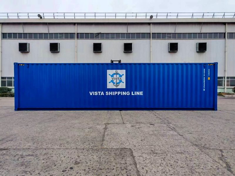 Vista Shipping Line 40ft container in front of a warehouse